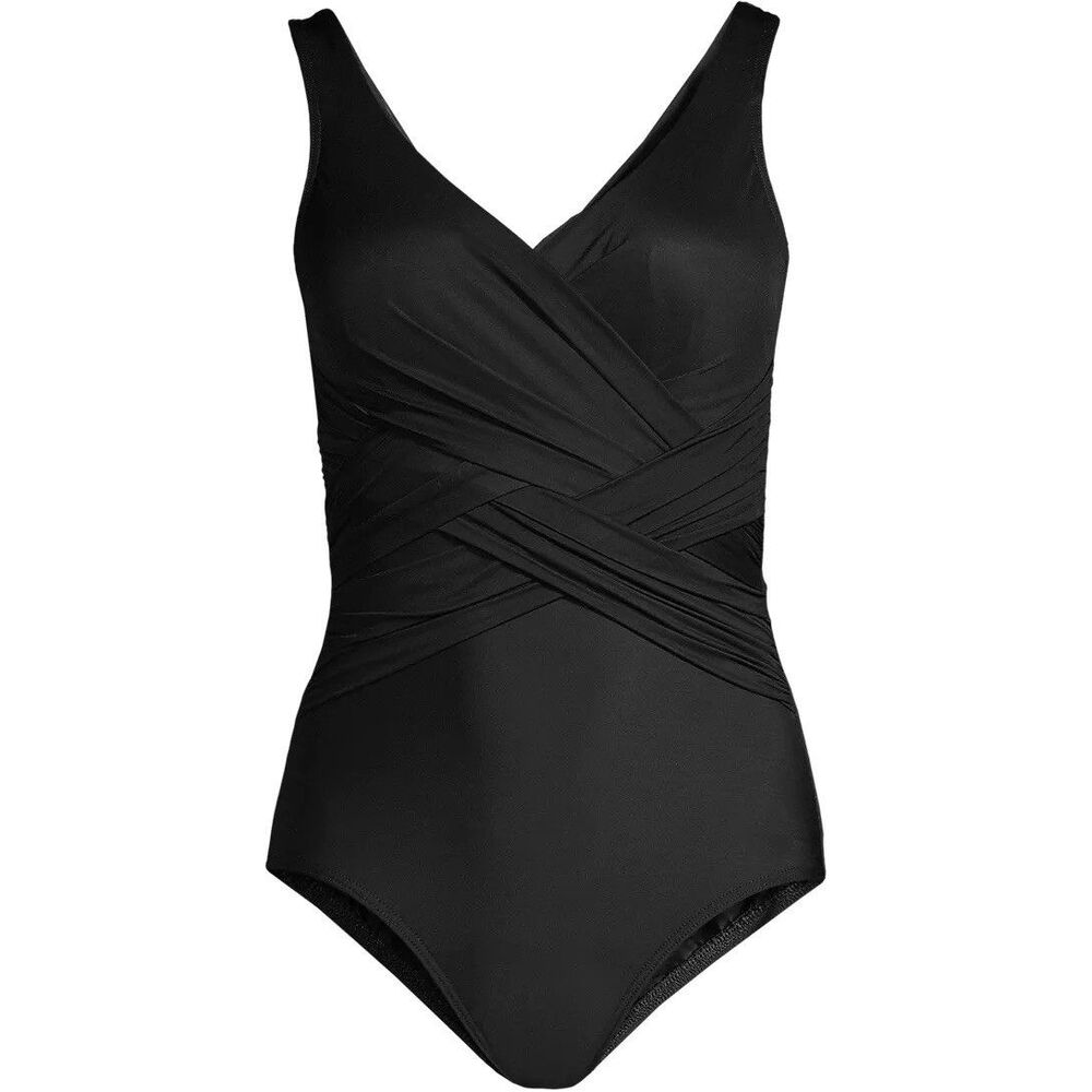 Lands’ End 22W LONG Black Slender Suit One Piece Swimsuit V Neck Tummy Control